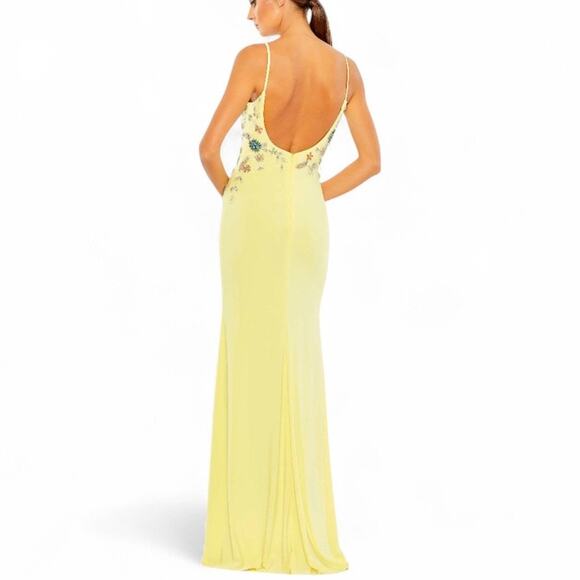 Mac Duggal Yellow Maxi Beaded Sequin Rhinestone Gown Scoop Back Dress Size 4 - Picture 2 of 10